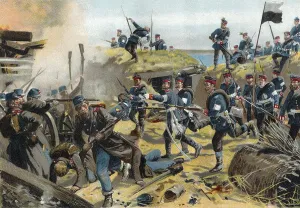 The Battle of Dybbol, a battle of the Second Schleswig War on the morning of 18 April 1864