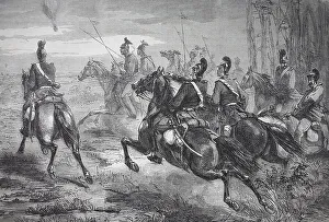 Bavarian chevau legionnaires and Uhlans pursuing a French balloon mail