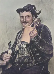 Bavarian man, 1880, wearing traditional traditional costume and holding a beer mug and a pipe
