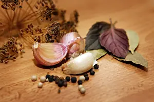 Bay leaves, pepper, dill, garlic - Ingredients for pickling