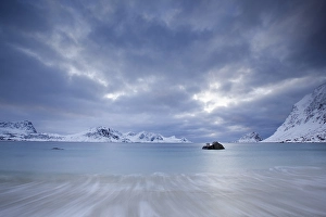 Bay Vikbukta in winter, Lofoten, Norway, Europe