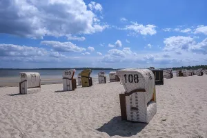 Several beach chairs stand in the sunny beach landscape with blue sky