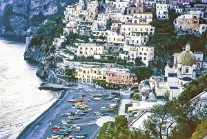 Beach and cliffside village of Positano, Amalfi Coast, Salerno, Campania, Italy 1967