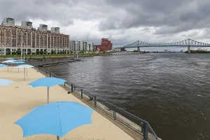 Beach with sunshades, riverside