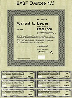 Bearer warrants for shares of BASF Overzee NV