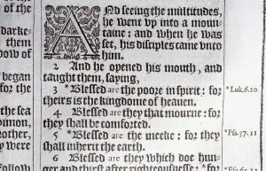 The Beatitudes, Matthew 5:1-4 from a first edition of the King James Bible