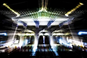 Beautiful Bundeshaus Illuminated Parliament Building or Federal Palace in Motion with Statue at Night in City of Bern