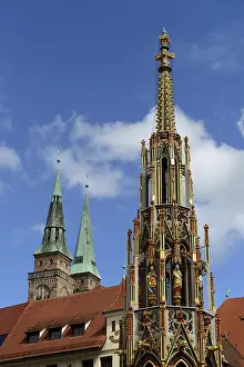 Beautiful fountain and towers of the Sebaldus Church