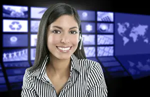 Beautiful indian woman television news presenter with multiple screen background