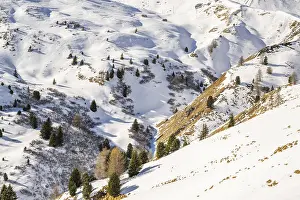 Beautiful landscape of the Mountain silhouettes of the Sexten Dolomites on a sunny winter day