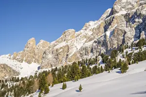 Beautiful landscape of the Mountain silhouettes of the Sexten Dolomites on a sunny winter day