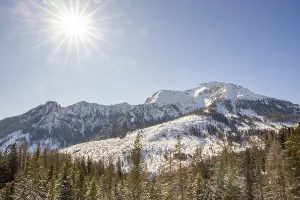 Beautiful landscape of the Mountain silhouettes of the Sexten Dolomites on a sunny winter day