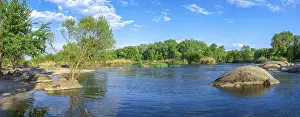 Beautiful view of the Southern Bug River near the village of Migiya on a sunny spring day