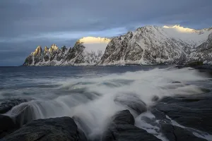 Beautiful winter landscape scene in Steinfjord and mountain in background in Northern Norway