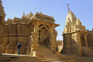 Beautifully carved Jain temple complex made by sandstones at Amarsagar Lake away from Jaisalmer