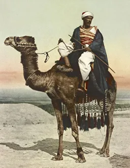 Bedouin with his camel, riding