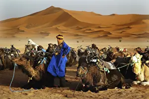 A Bedouin dressed in blue stands next to camels in a sand dune landscape