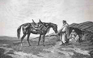 In front of a Bedouin tent, Bedouin with his Arabian horse