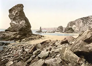 Bedruthan steps, cliff formation with several free-standing rocks on the north coast of Cornwall