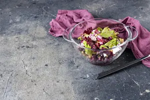 Beetroot and feta cheese salad in glass bowl