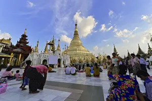 Believers gather in a large square in front of a golden pagoda