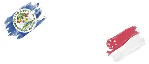 Category Historic EN Prints: Belize and Singapore Flags on White Background