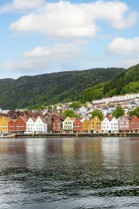 Bergen, Norway - May 27, 2025: Scenic views of historic Bryggen along Bergen's coast<br> Bergen