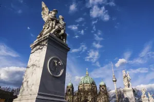 Berlin Cathedral and sculptures on the river Spree
