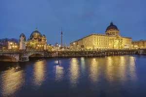 Berlin Cathedral, the television tower and the rebuilt City Palace at night
