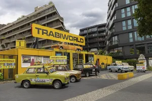 Berlin, Germany - July 24, 2023: Classic Trabant cars at museum Trabiworld in Berlin in Germany Europe