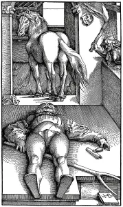 The Bewitched Stableman, the farmhand lying unconscious on the ground behind the horse