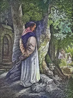 Biblical History, The contemplating monk with a prayer book in the monastery garden