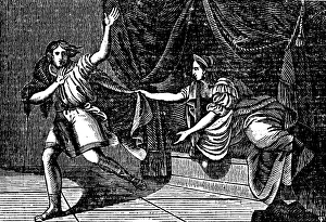 Biblical story of Joseph, Joseph at Pharaoh's court remains steadfast against sin, Potiphar's woman in the bedchamber, seduction, escape, Egypt, Genesis, First Book of Moses, woodcut, Christoph Schmid's Biblical History 1831