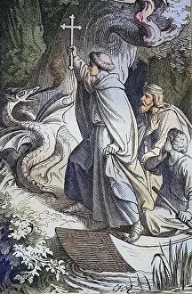 Biblical story, Saint Pirmin overcomes the dragon with the cross