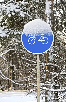 Framed Print : Bicycle traffic sign in winter forest Framed Print : Bicycle traffic sign in winter forest