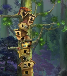 Birdhouses on a big tree in a pine forest