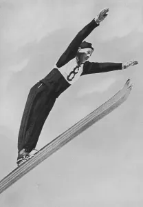 Birger Ruud, Norway, during one of his wonderful jumps from the Olympic ski jumping hill