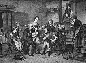 Birthday of a school teacher, historical engraving