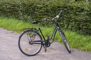 Black vintage bicycle parked on a gravel path next to a green hedge