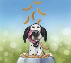 Black and white dog, licking his mouth in front of a food bowl with sausages falling from the sky