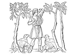 Black and white drawing, Christ as the Good Shepherd