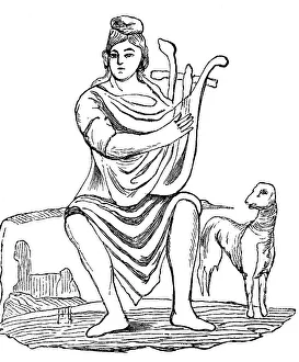 Black and white drawing, Christ as Orpheus