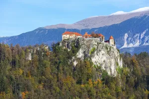Bled castle on rock top near lake in Slovenia