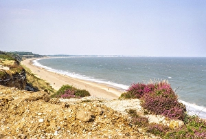 Blick auf Strand und Kueste von der Klippe in Dunwich Heath, Suffolk, England, Uk Juli 1976