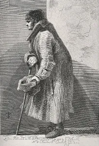 A blind beggar bent over his walking stick and holding out his hat for money