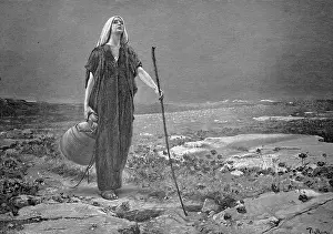 Blind woman with a jug and a stick traveling in the countryside