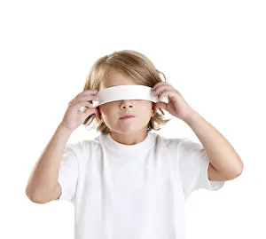 Blindfolded children blond kid portrait isolated on white