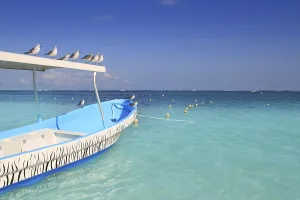 Blue boat seagulls Caribbean in turquoise sea