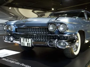 Blue classic car with eye-catching chrome design and characteristic headlights