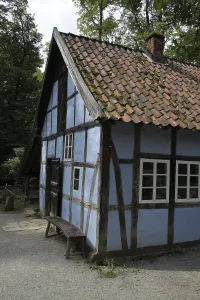 Blue half-timbered house